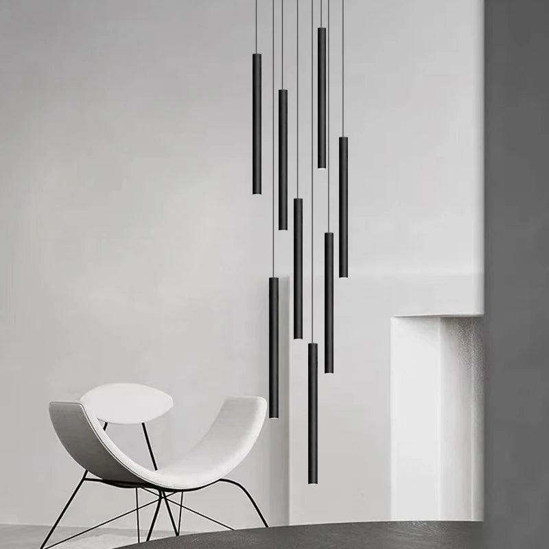 Cylindrical Modern Pendant Long Tube Lamp Hanging Cable Living Room Lamp Designer Villa Penthouse Lamp Led Staircase Chandelier