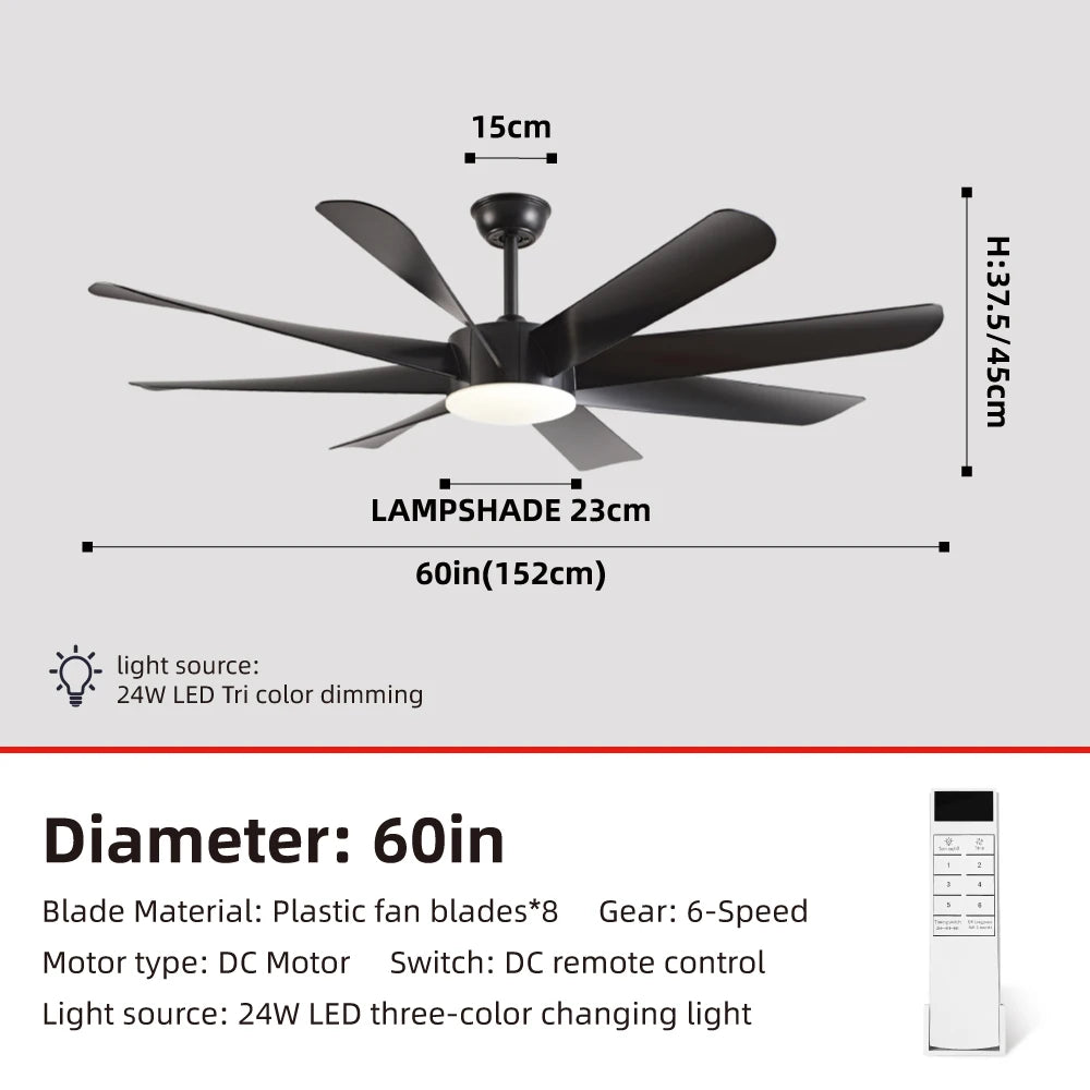 FUMANJIA 60Inch Ceiling Fan with Light - 8 Blades, DC Motor & Remote Control, 6-Speed Adjustment, ABS Blades for Dining Rooms