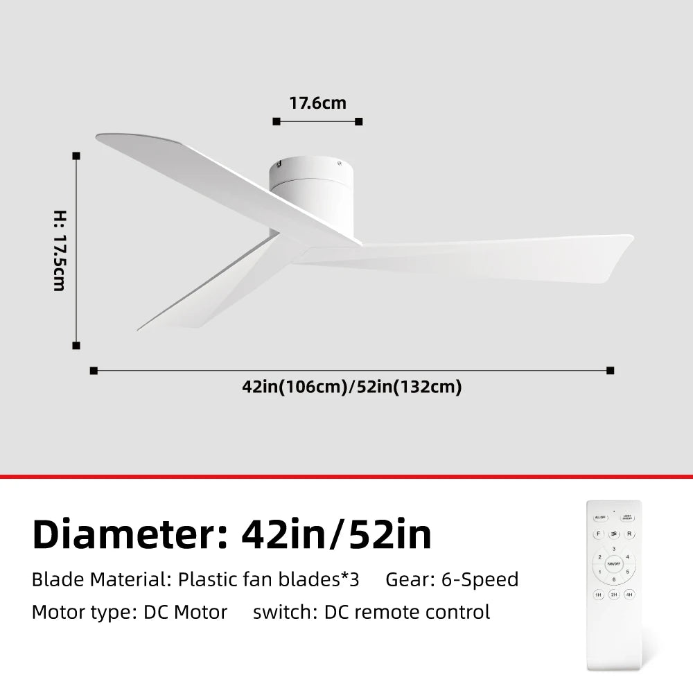 42/52" Ceiling Fan, Remote - 3 - Blade Retro - Style ABS, 6 - Speed Inverter Motor, No - Light Design, Quiet Operation for Home