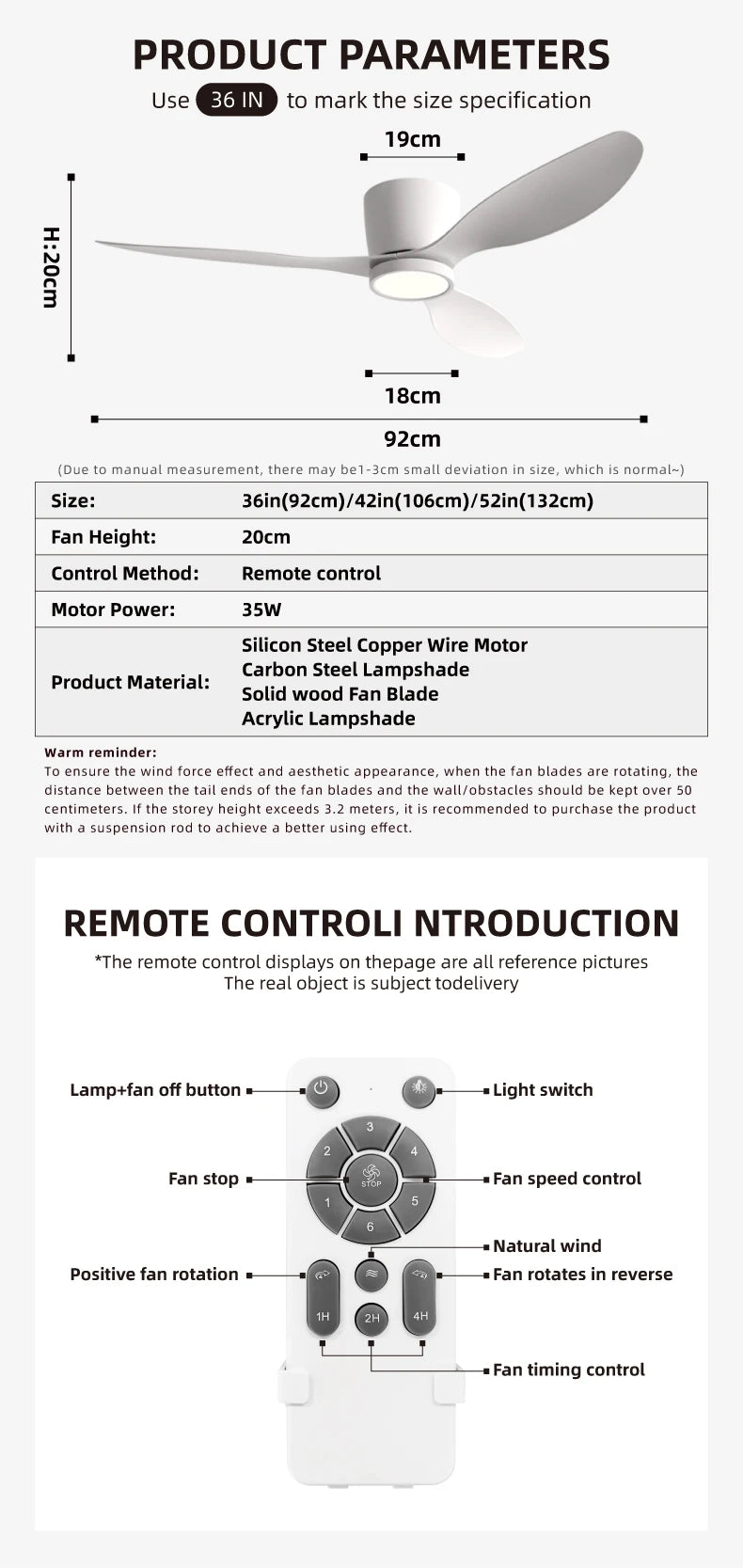 FUMANJIA 36/42/52 Inch Inverter Ceiling Fan with Light, Super - Silent, Ideal for Bedroom, Dining, Living Room & Office