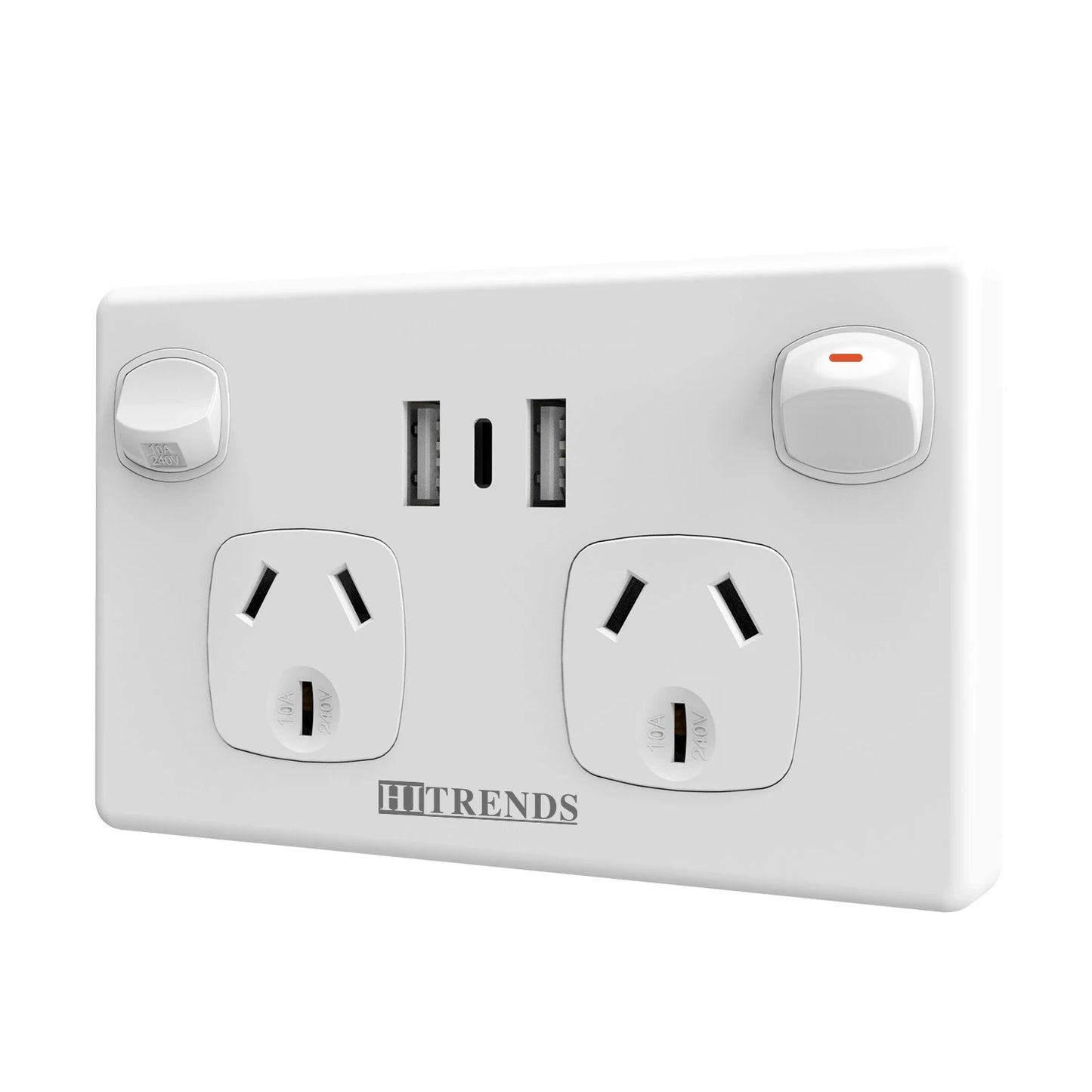 Australian Standard USB Wall Socket Dual Socket with 2 USB 1 Type-C and Switch, AU Plug Adapter Mobile Phone Charging 10A