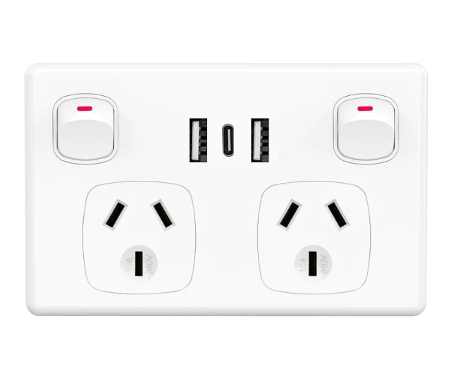 Australian Standard USB Wall Socket Dual Outlet with Type-C and Switch, AU Plug Adapter Mobile Phone Charging Power Socket 10A