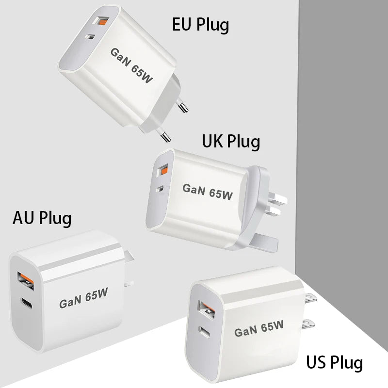 65W GaN USB-C Fast Charger - PD3.0 Quick Charger with Dual Ports for iPhone 15,Xiaomi,POCO,Samsung,Oneplus -Compact and Portable