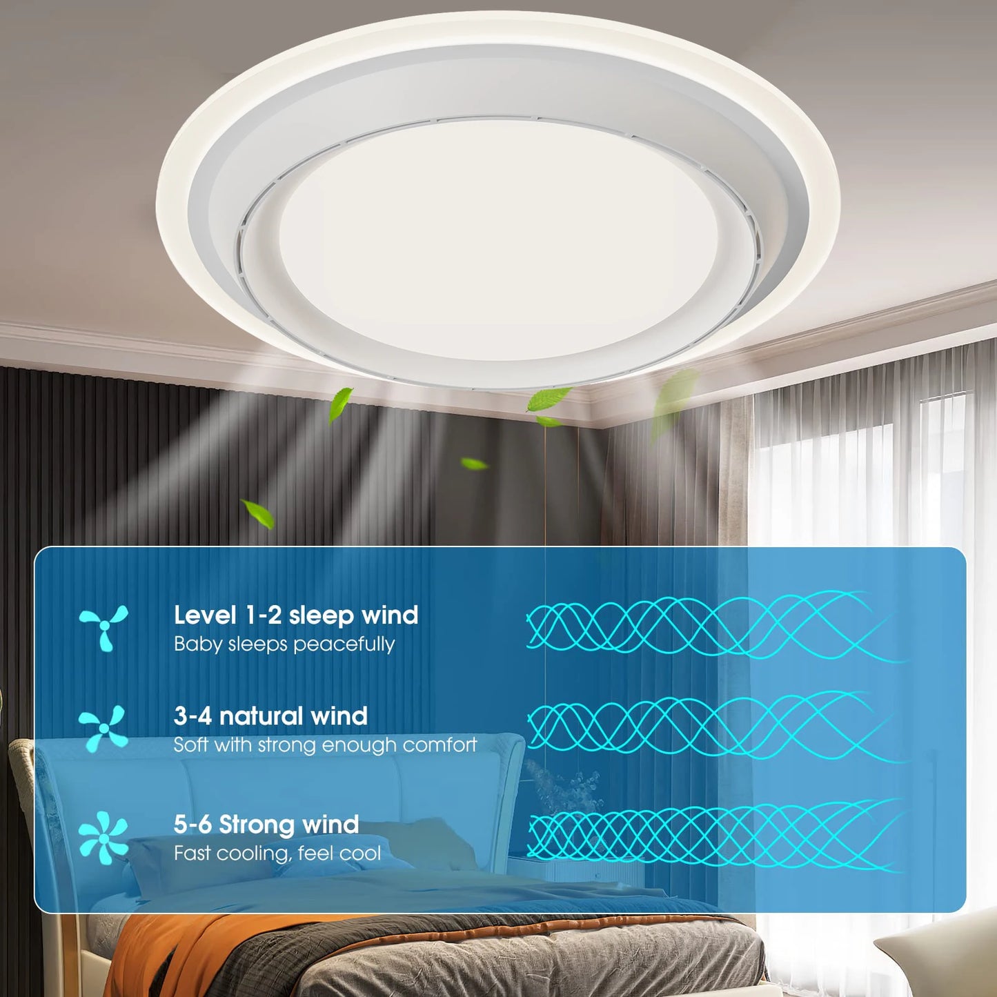 Bladeless Ceiling Fan with Light Remote Control Level 6 Wind Speed Noiseless Electric Fan Invisible Fan for Bedroom Study Room