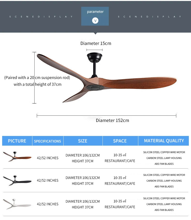 42/52 Inch Nordic LED Ceiling Light Restaurant Living Room Home Remote Control DC Silent Industrial Retro Electric Fan