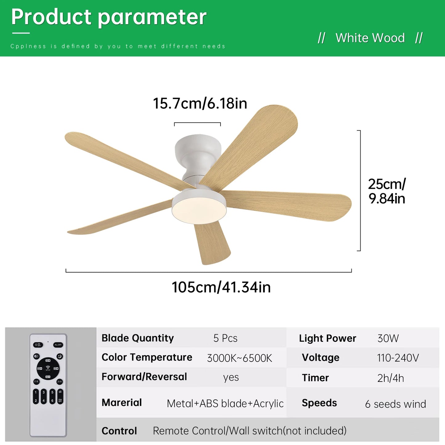 Indoor/Outdoor Flush Mount Ceiling Fan with Remote Control - 5 Blade Low Profile Fandelier - Reversible Quiet Timer