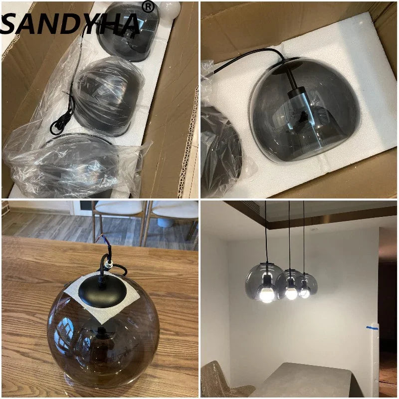 Glass Led Ceiling Chandelier E27 Black Pendant Lamp For Living Room Dining Table Kitchen Bedroom Modern Gray Art Hanging Light