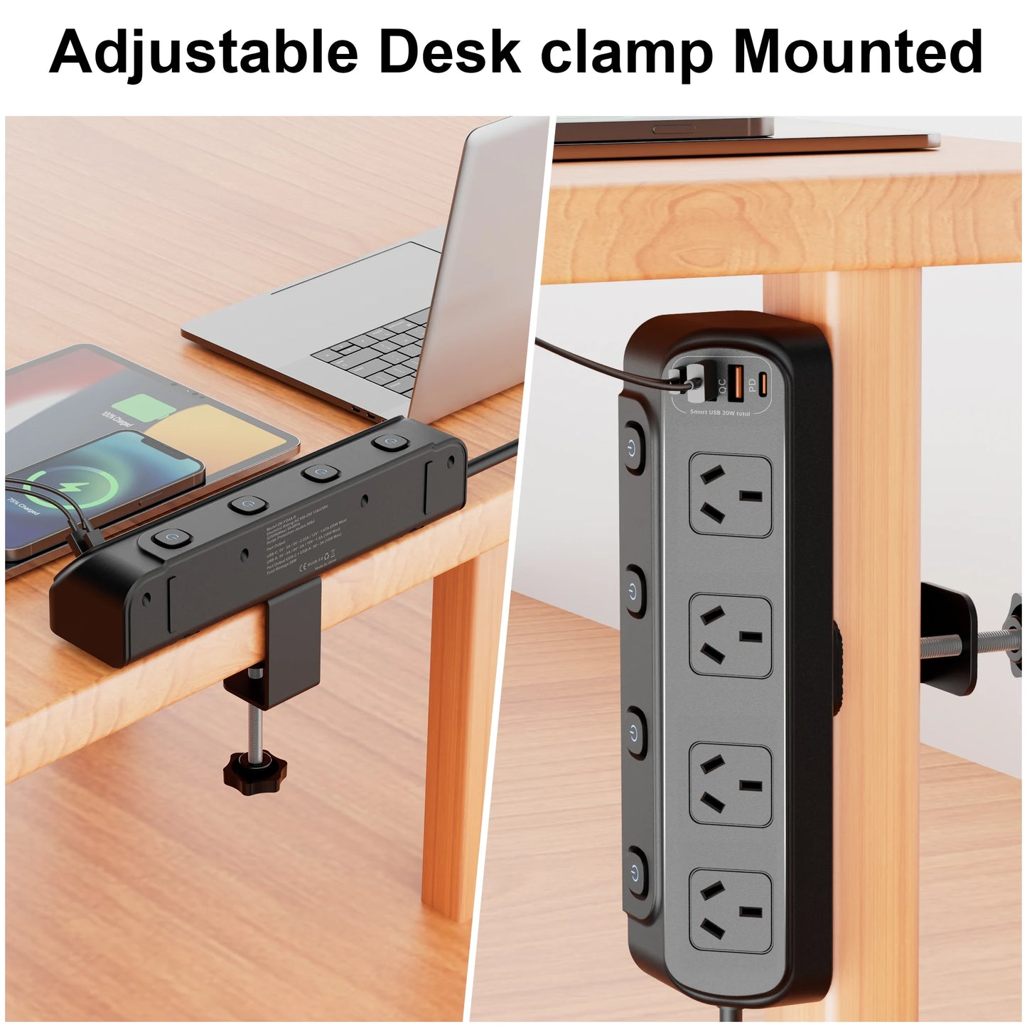 2500W Australia Au Ac Plug Multitap Independent Switch Power Strip 2m Extension Cord Outlets with 3 Usb-A 3 Usb-C Charging Ports