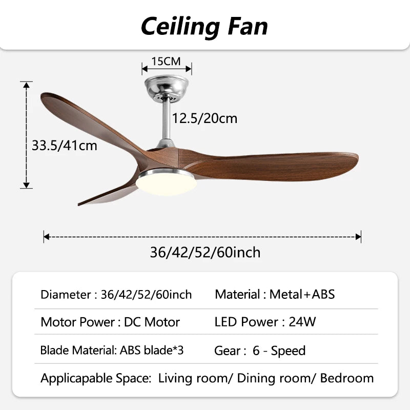 36/42/52/60 Inch Modern Ceiling Fan with LED Light DC Motor Silver Finish 3 Blade Fan Remote Control for Home Office
