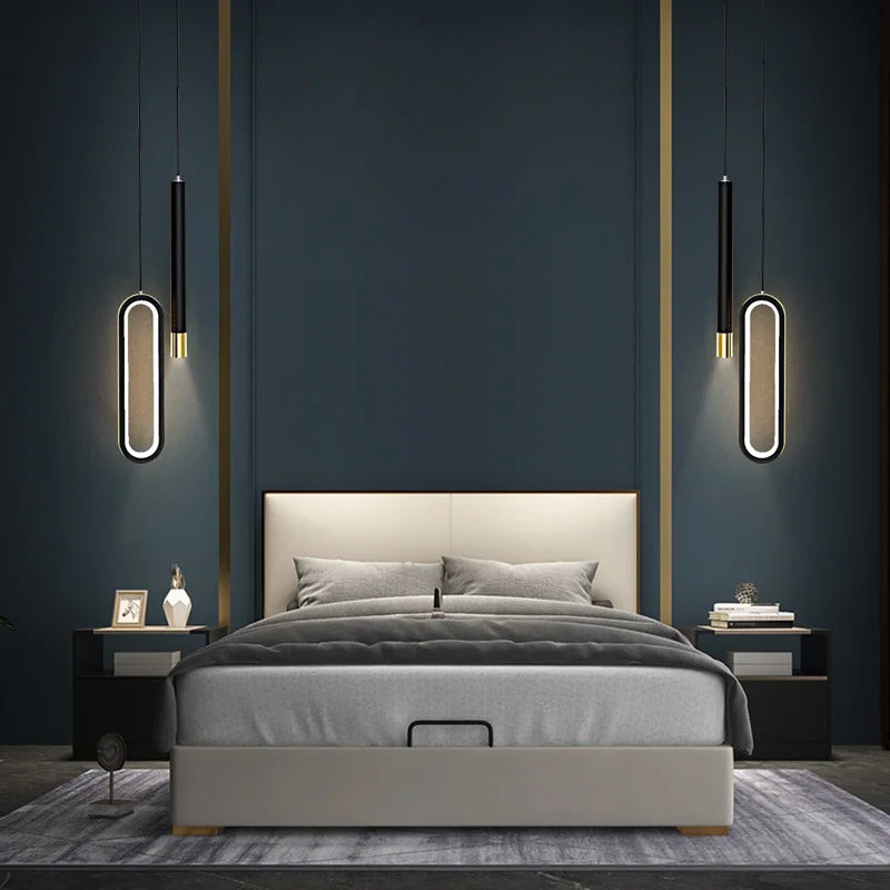 Modern Black Hanging Pendant Lamps For Bedroom Bedside Lighting AC 220V LED Black High Ceiling Suspended Light with Long Cable