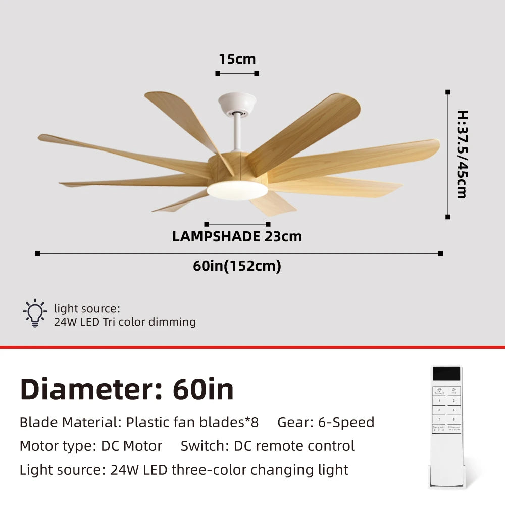 FUMANJIA 60Inch Ceiling Fan with Light - 8 Blades, DC Motor & Remote Control, 6-Speed Adjustment, ABS Blades for Dining Rooms