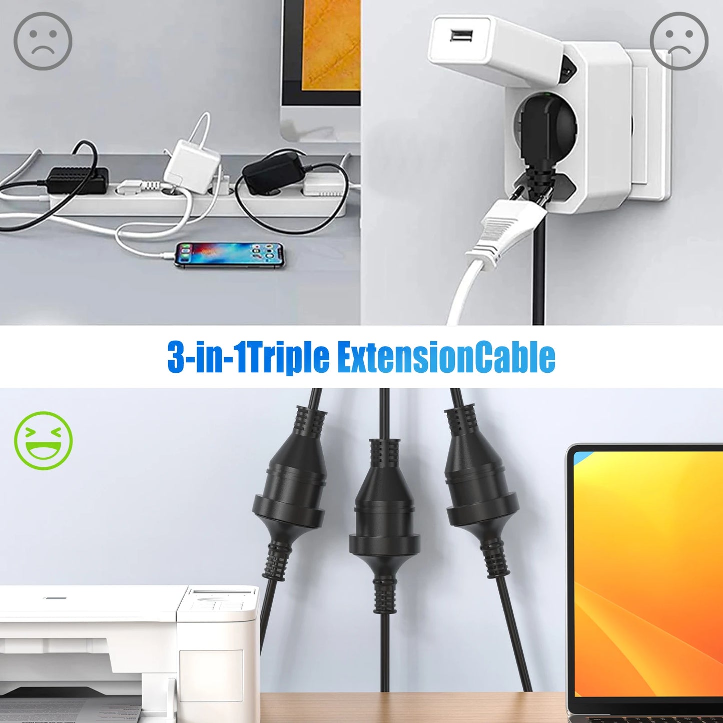1 to 3 ways power extension cord, 2/3meters AU Plug Power cable with 3 outlets  for Home Office