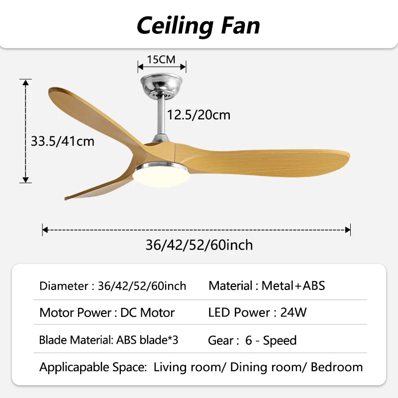 36/42/52/60 Inch Modern Ceiling Fan with LED Light DC Motor Silver Finish 3 Blade Fan Remote Control for Home Office