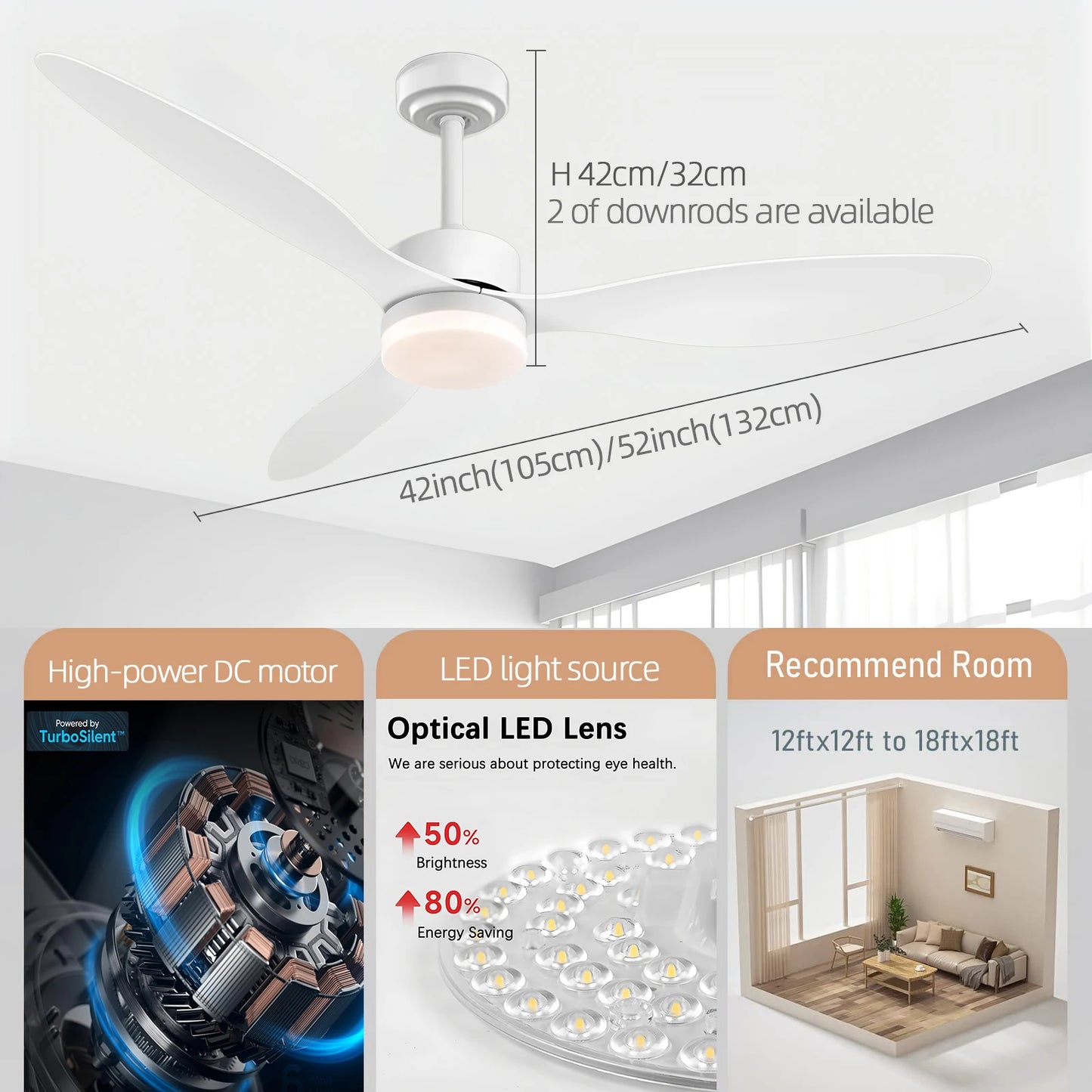 Nordic Ceiling Fan with LED Lighting Large Boom Cooling Electric Fan Three-blade Fan 6-speed Wind Lighting Energy-saving Fan