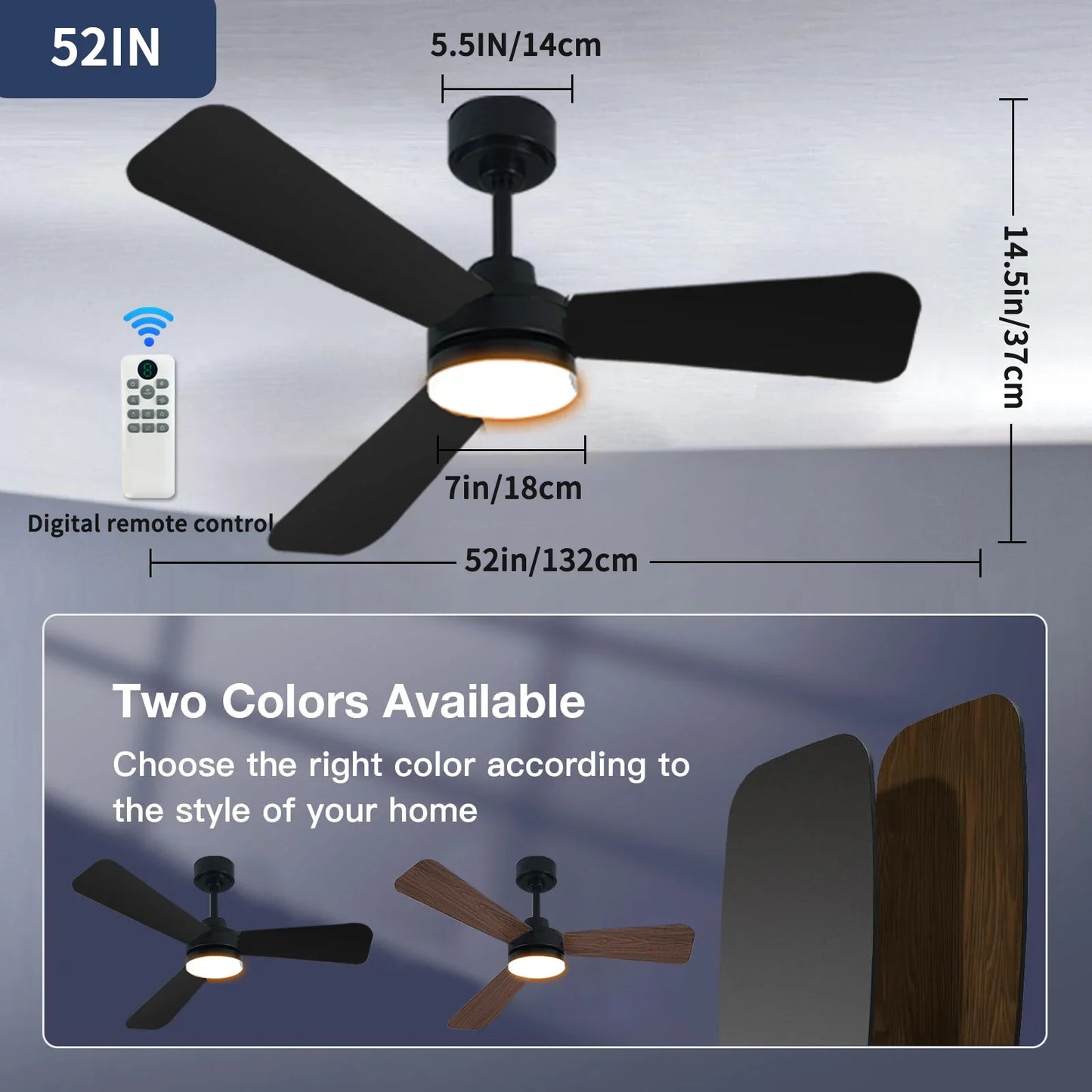 Ceiling Fan with Light, 3CCT, Silent DC Motor, Remote Control, Living Room, Bedroom, Dining Room and Study, Fan Light