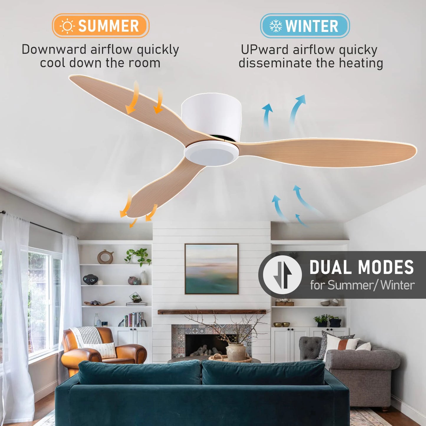 IRALAN 42inch/52inch Ceiling Fan without Light,6-Speed Reversible, Timer, Outdoor Bedroom Living Room-White/Black/Wood