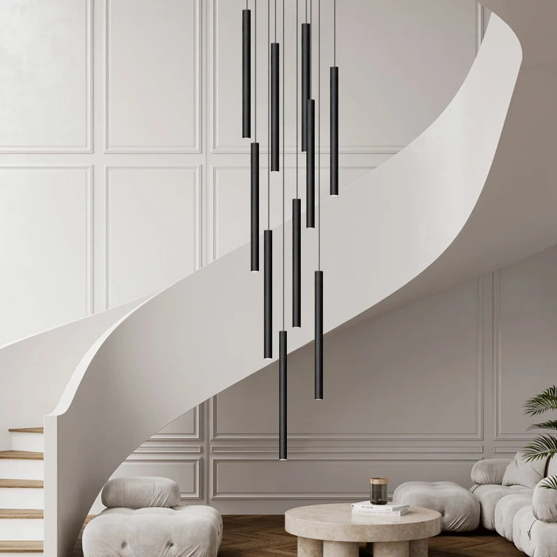 Cylindrical Modern Pendant Long Tube Lamp Hanging Cable Living Room Lamp Designer Villa Penthouse Lamp Led Staircase Chandelier