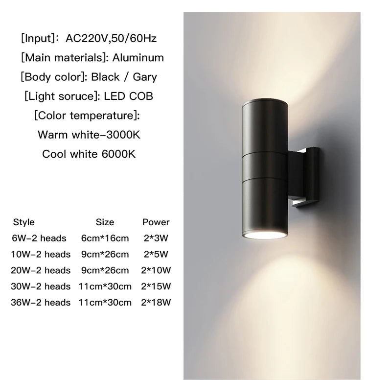black gray up down outdoor wall light 6W 10W 20W 30W 36W porch garden waterproof home lighting outdoor
