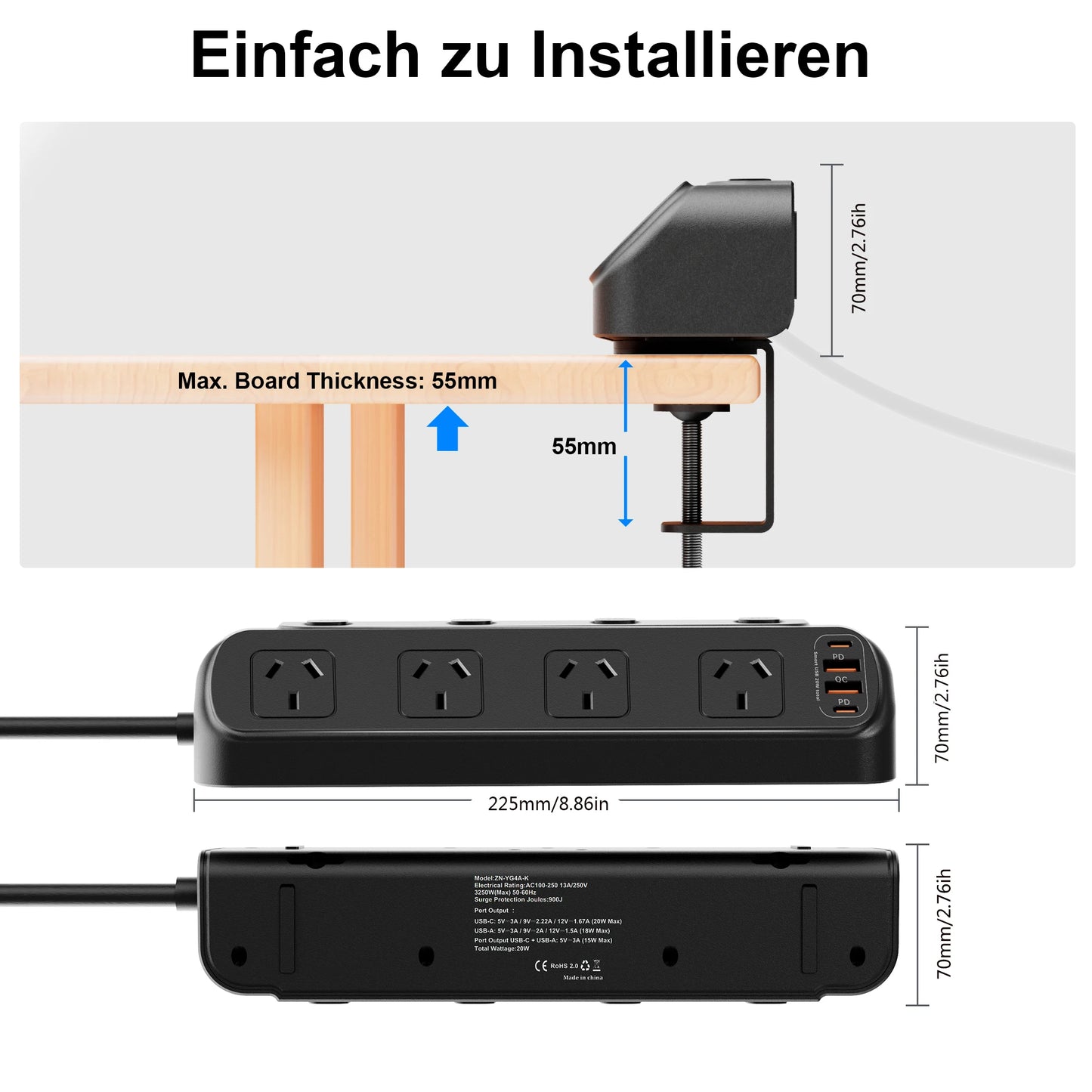 2500W Australia Au Ac Plug Multitap Independent Switch Power Strip 2m Extension Cord Outlets with 3 Usb-A 3 Usb-C Charging Ports