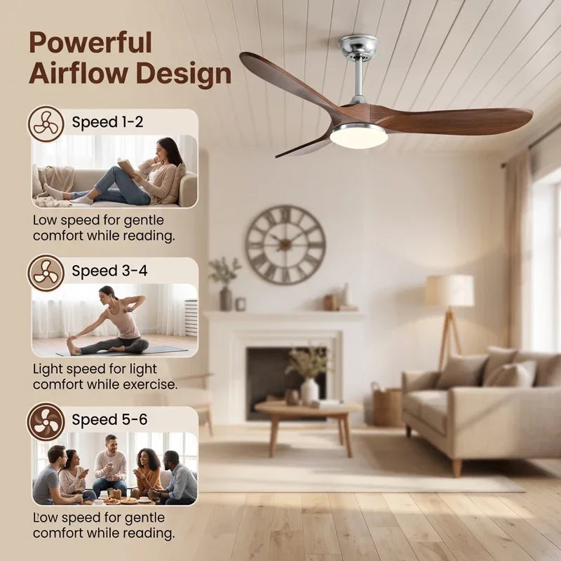 36/42/52/60 Inch Modern Ceiling Fan with LED Light DC Motor Silver Finish 3 Blade Fan Remote Control for Home Office