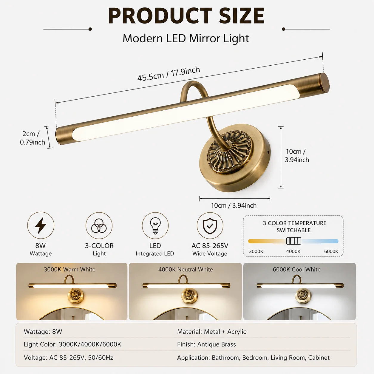 45.5CM 8W LED Bathroom Vanity Light Modern Antique Brass Mirror Wall Lamp for Bathroom Bedroom Living Room