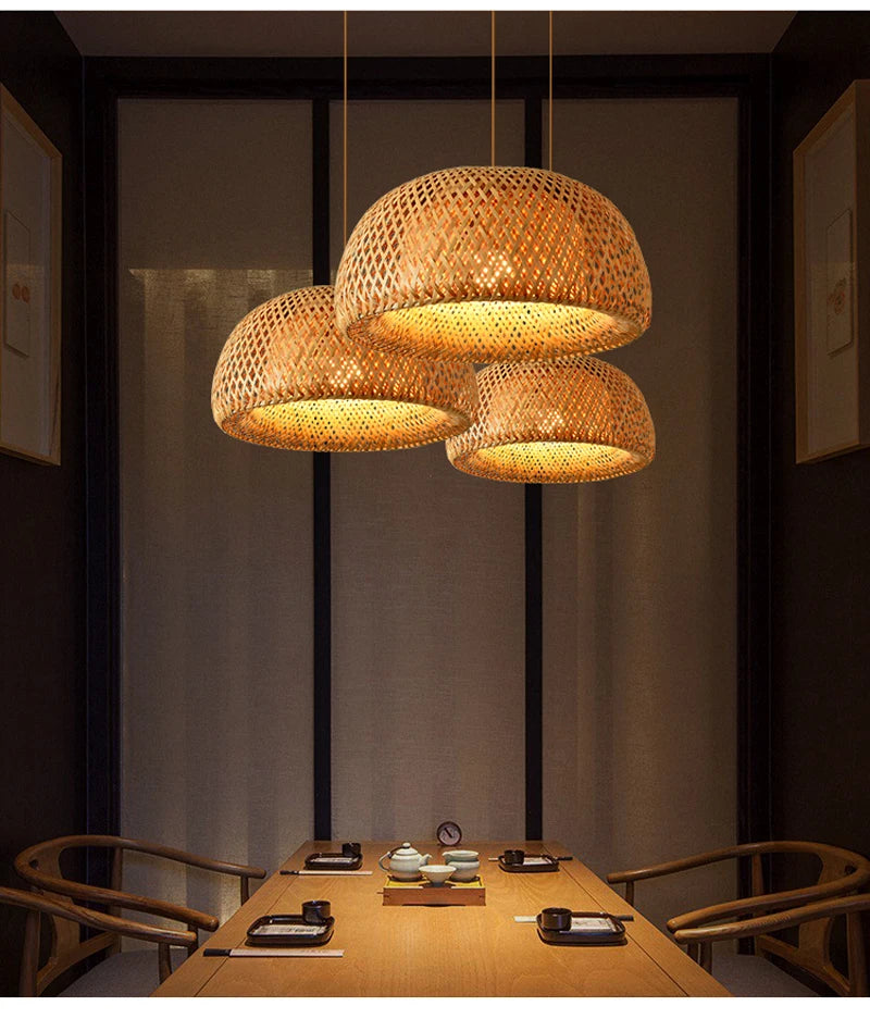 Hand Knitted Chinese Style Weaving Hanging Lamps 18/19/30cm Restaurant Home Decor Lighting Fixtures Bamboo Pendant Lamp