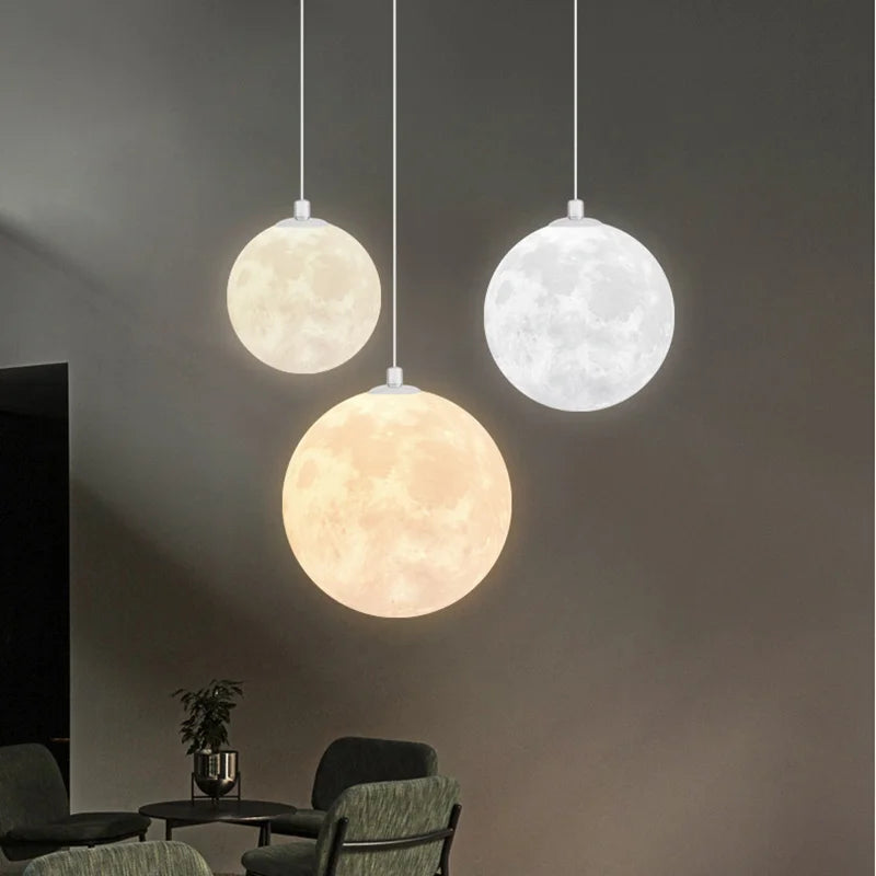 Modern Creative Design Moon Pendant Light Plastic Ball Shade Imitate Moon Surface Chandelier Restaurant Home Decor Hanging Lamps